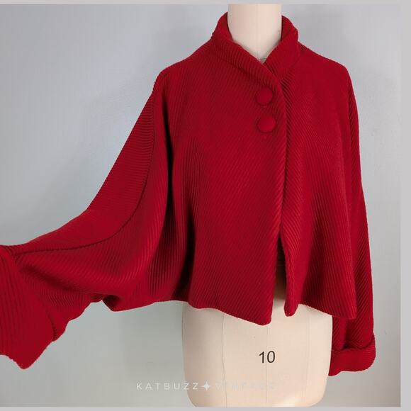 Cape Caplet Jacket L Red Cropped Wool Blend Artsy Eclectic Avant Garde Glam - Picture 1 of 15